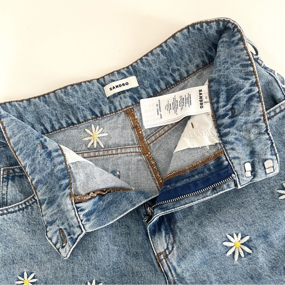 Sandro Younes Embroidered High Rise Organic Denim Shorts - Picture 6 of 10